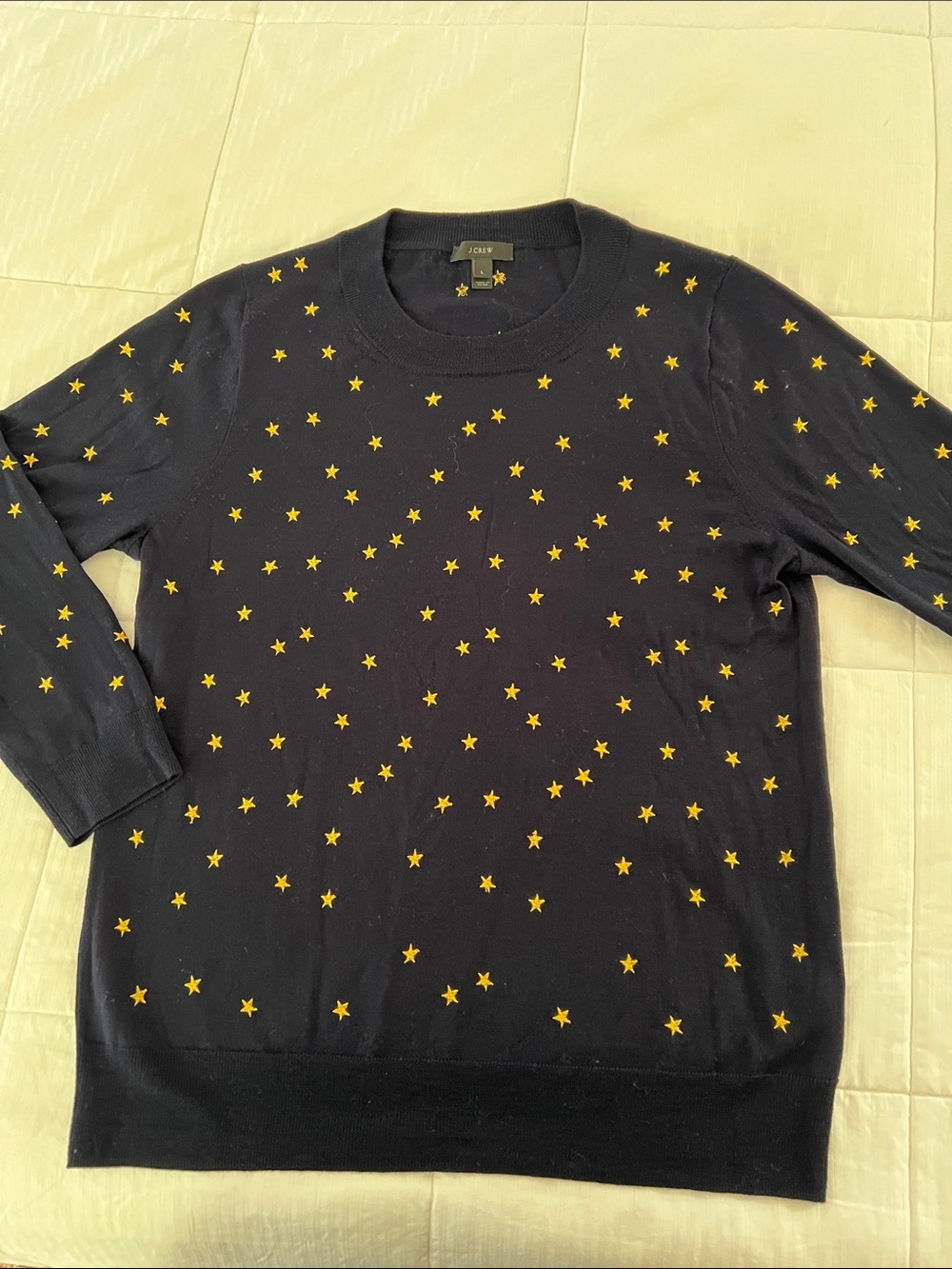 J. Crew Dark Navy Crewneck Sweater with Yellow Star Print